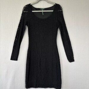 Lauren Ralph Lauren Green Label Black Long Sleeve Lace Stretch Midi Dress Size S
